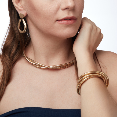 Golden Rose Radiance Set – Twisted Necklace, Sculpted Earrings & Cuff Bracelet Combo for Women